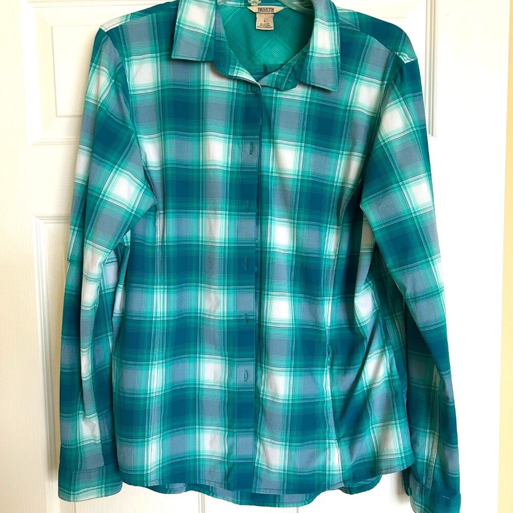 Duluth Trading Co Womens Button Up Performance Shirt Size L Teal Plaid Stretch